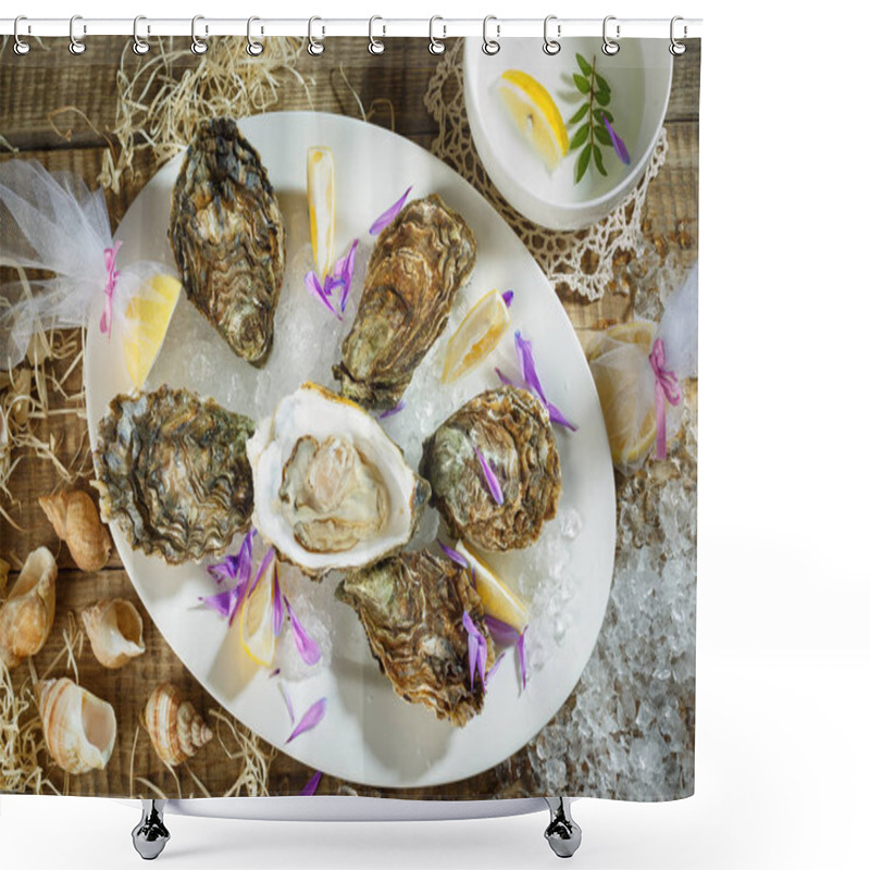 Personality  Oysters On Crushed Ice With Antique Oyster Knife And Silver Fork With Lemon Fruit And Pearls On A Tin Plate On A Marble Slab. Opened Oysters On Metal Copper Plate On Dark Wooden Background. Shower Curtains