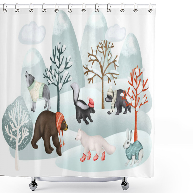 Personality  Illustration Of Woodland Animals In Warm Clothes In Winter Forest Landscape, Forest Cute Characters Illustration On White Background Shower Curtains