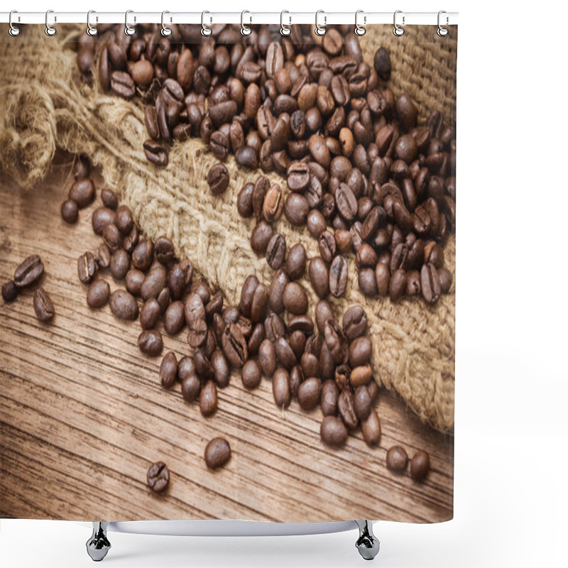 Personality  Fresh Coffee Beans On Wood Background Shower Curtains