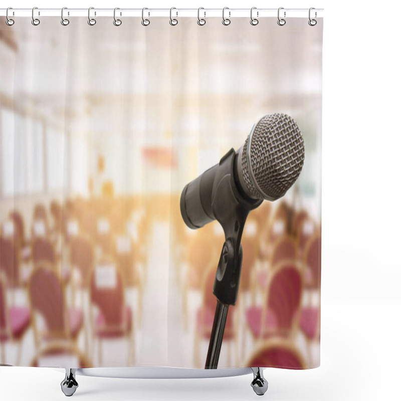 Personality  Microphone Over The Blurred Business People Forum Meeting Conference Training Learning Coaching Concept, Blurred Background Shower Curtains