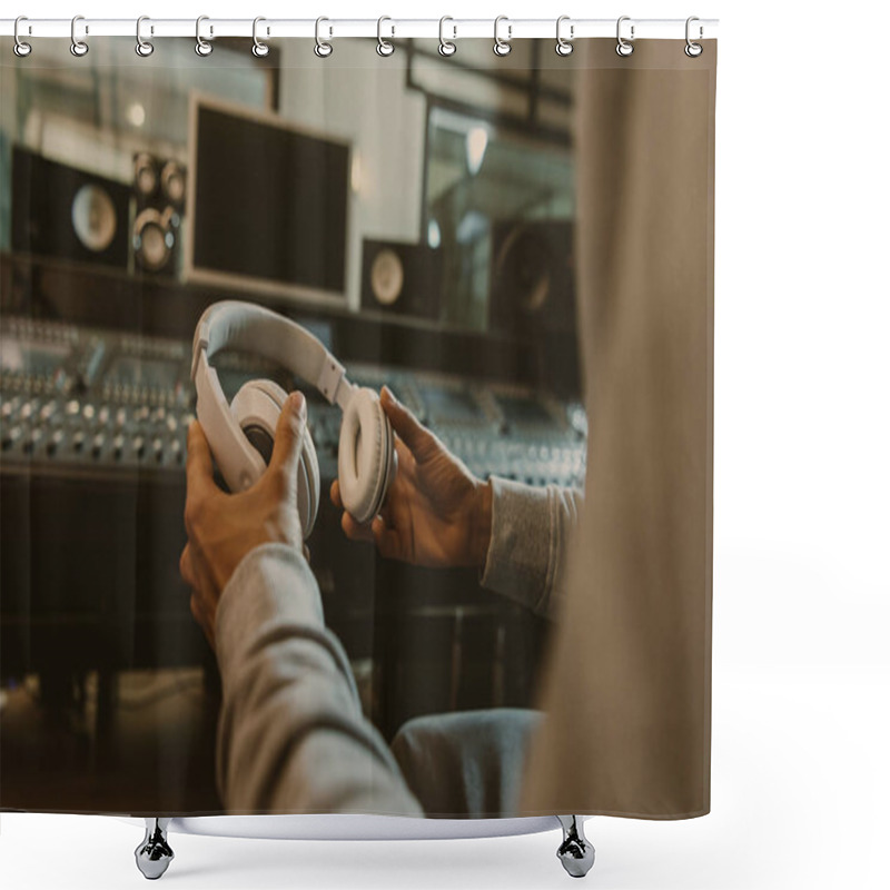 Personality  Cropped Shot Of Sound Producer With Headphones Sitting At Studio Shower Curtains