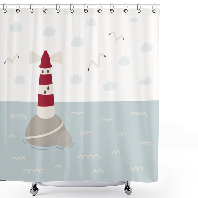 Personality  Hand Drawn Vector Illustration Of A Cute Sea Landscape With Lighthouse And Seagulls With  Clouds In Sky, Scandinavian Style Flat Design Shower Curtains