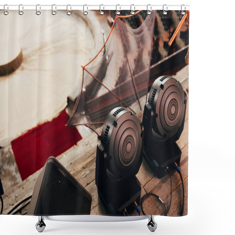 Personality  High Angle View Of Highlights And Speaker With Circus Arena At Background Shower Curtains