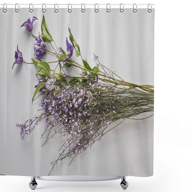 Personality  Top View Of Violet Flower Bouquet On White Background Shower Curtains