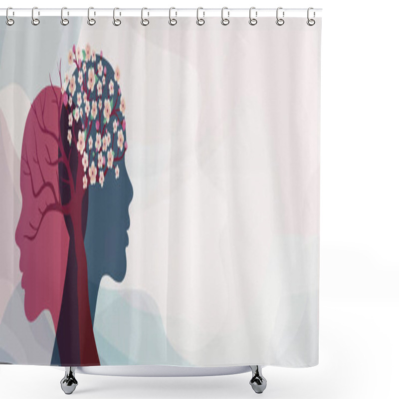 Personality  Metaphor Bipolar Disorder Mind Mental. 2 Head Silhouette With Flowering Tree And Bare Tree. Mental Health Concept. Split Personality. Mood Disorder. Psychology. OurMindsMatter. Burnout Shower Curtains