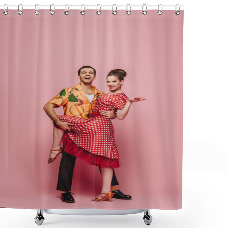 Personality  Smiling Dancer Hugging Partner While Dancing Boogie-woogie On Pink Background Shower Curtains