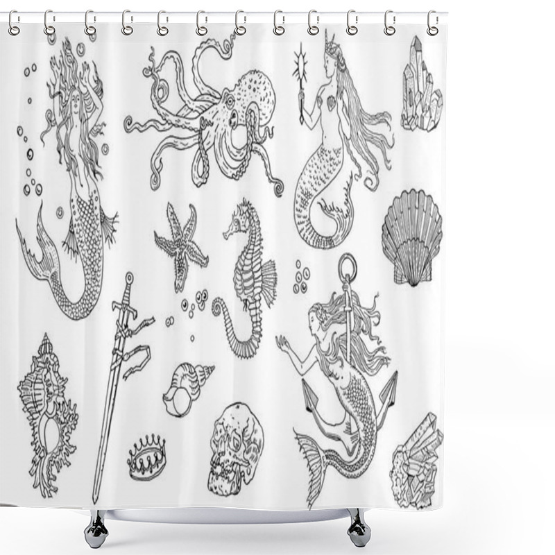 Personality  Vintage Fantasy Nautical Set: Long Haired Mermaid, Underwater Treasures, Octopus, Shell, Starfish, Anchor, Drowned Sword, Crown, Skull, Crystal, Sea Horse. Hand Drawn Tattoo Style Vector Illustration. Shower Curtains