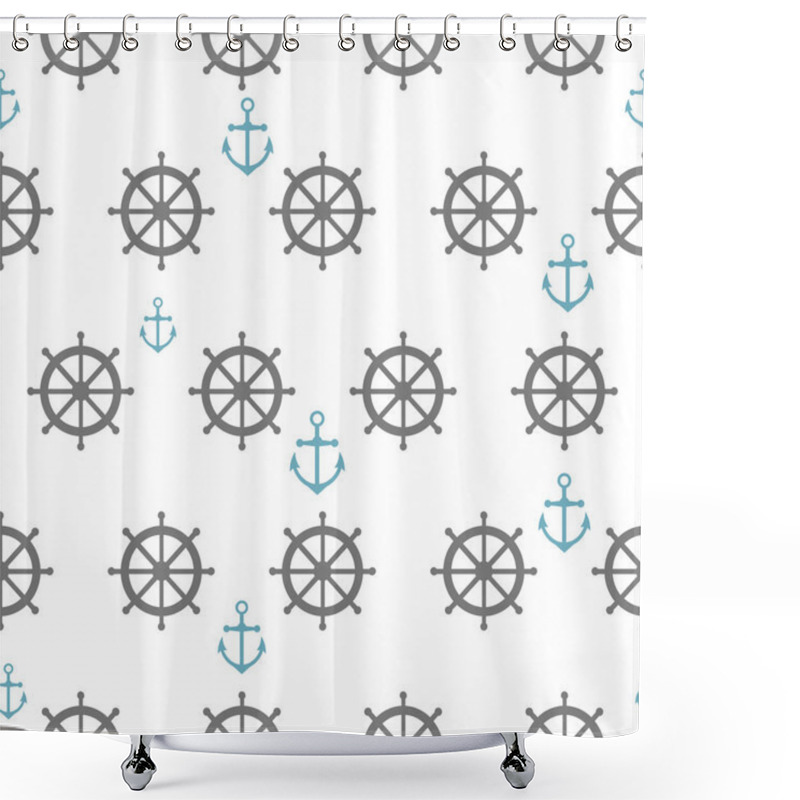 Personality  Seamless Pattern With Gray Rudders And Blue Anchors. Nautical Th Shower Curtains