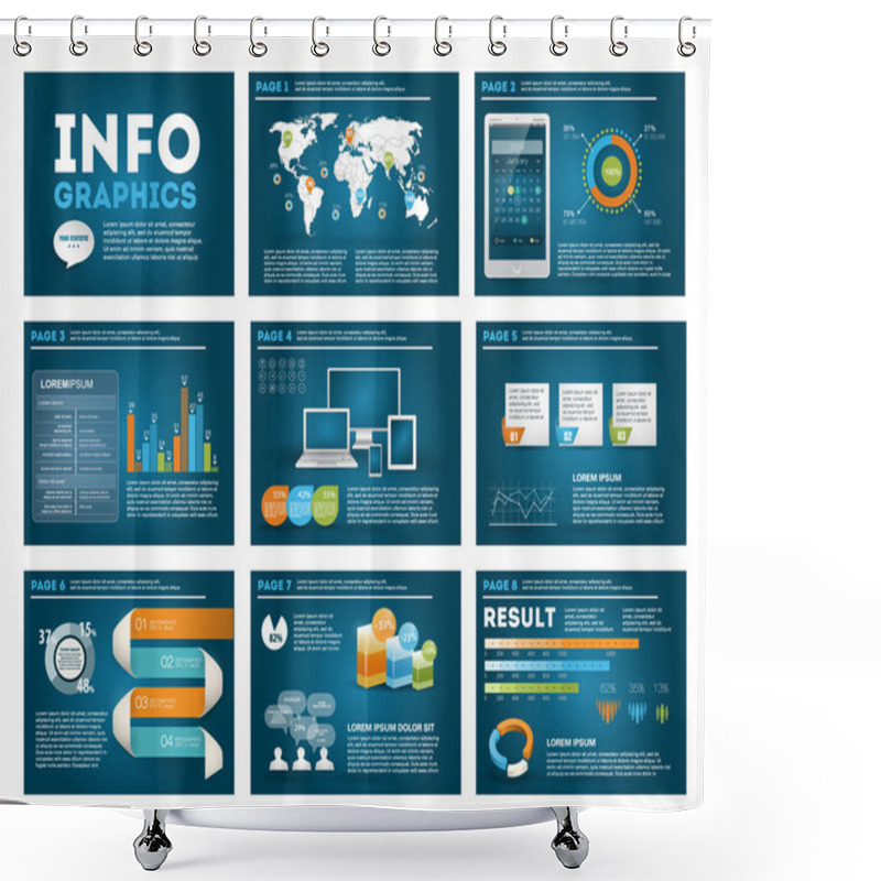 Personality  Big Set Of Infographics Elements In Modern Business Style, IT Infochat. Blue Dark Presentation Template. Use In Website, Flyer, Corporate Report, Presentation, Advertising, Marketing. Shower Curtains