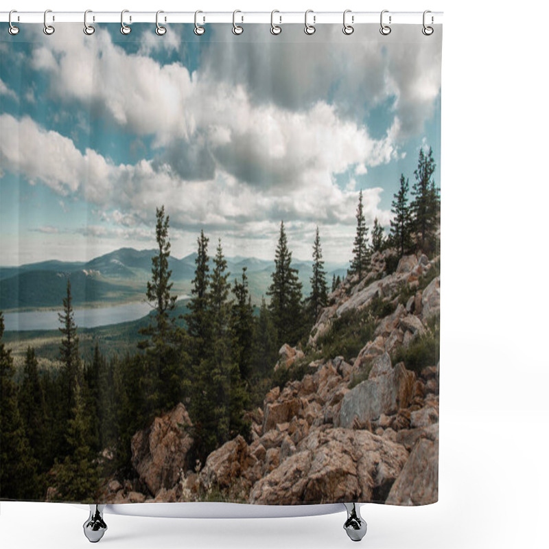 Personality  Beautiful Landscape With A Mountain Range On A Blue Sky With White Clouds On The Forest Meadows And Lake In Summer Russia, Chelyabinsk Region, Zyuratkul Range Shower Curtains