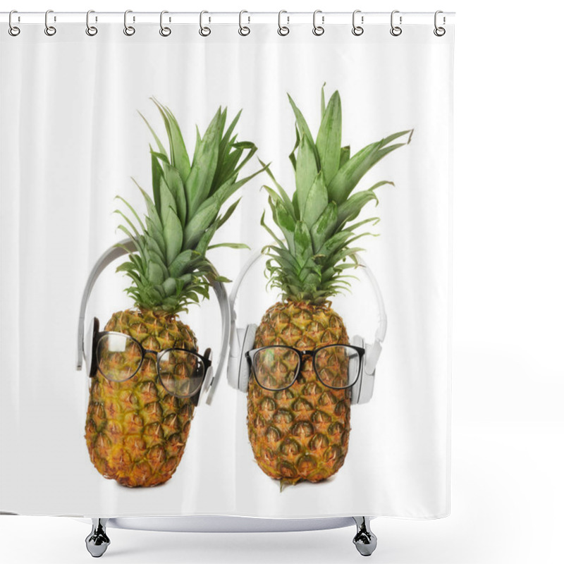 Personality  Fresh Pineapples With Headphones And Glasses On White Background Shower Curtains