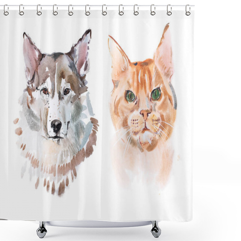 Personality  Red-headed Cat And Dog Aquarelle Drawing. Shower Curtains