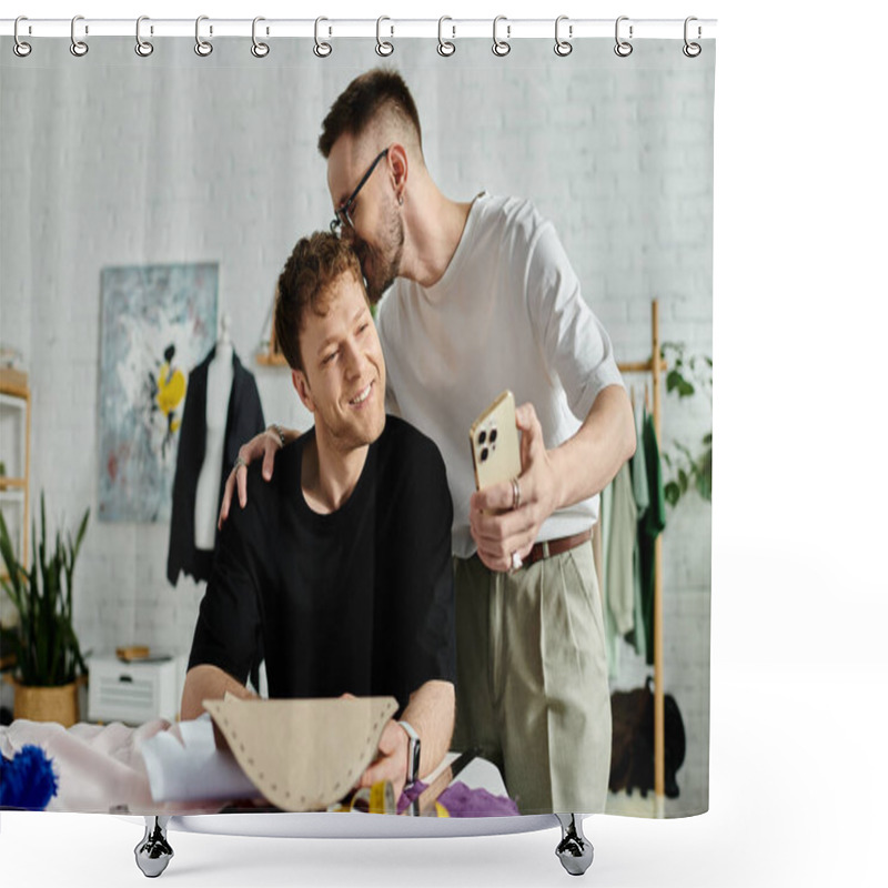 Personality  Gay Man Kissing Head Of Boyfriend In A Designer Workshop, Collaborating On Creating Trendy Attire Together. Shower Curtains