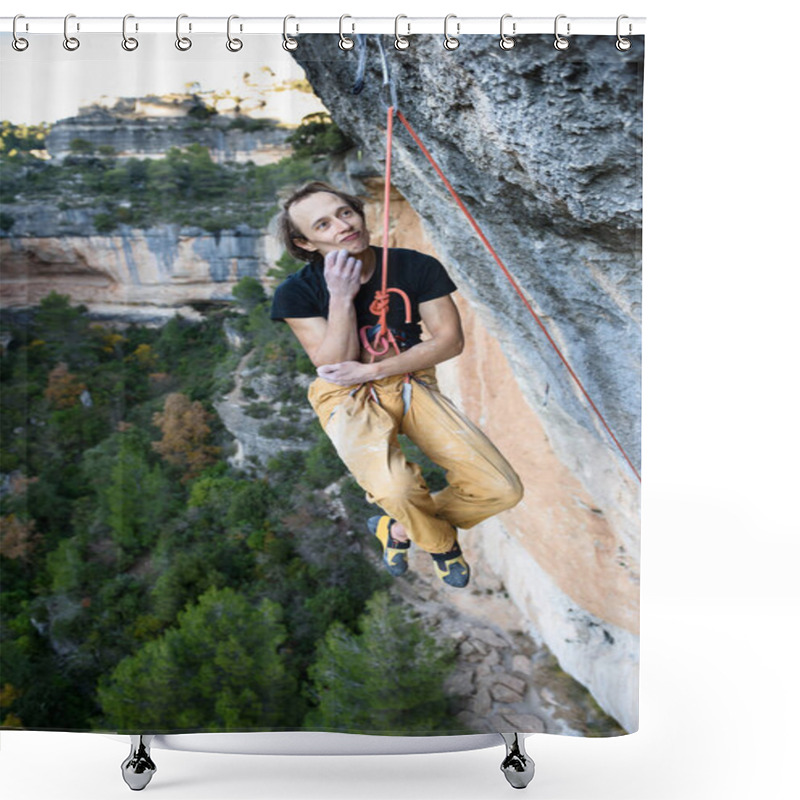 Personality  Extreme Sport Climbing. Rock Climber Struggle For Success. Outdoor Lifestyle. A Person Trying To Reach Sucsess.  Shower Curtains