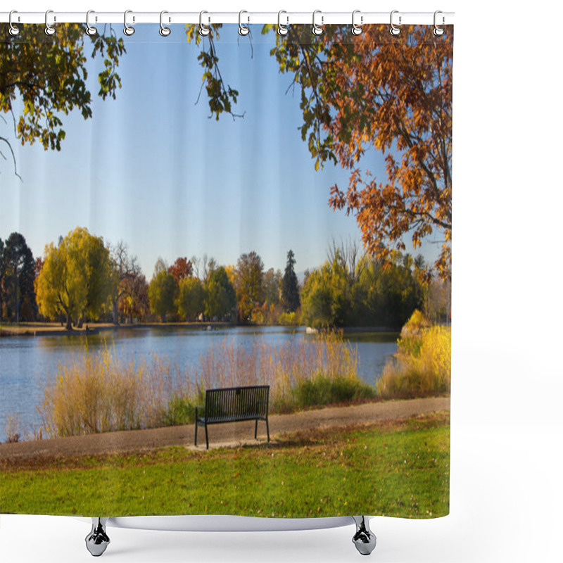 Personality  Empty Park Bench By A Lake In Fall - Denver Shower Curtains