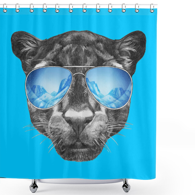 Personality  Portrait Of Panther With Mirror Sunglasses Shower Curtains