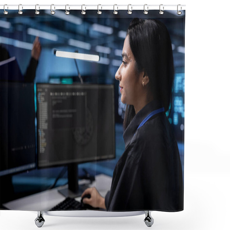 Personality  Indian Technician In Data Center Updating Systems To Keeps Performance Up And Protect Servers From Exploitable Software Vulnerabilities. Woman Looking For Errors Causing Equipment To Slow Down Shower Curtains