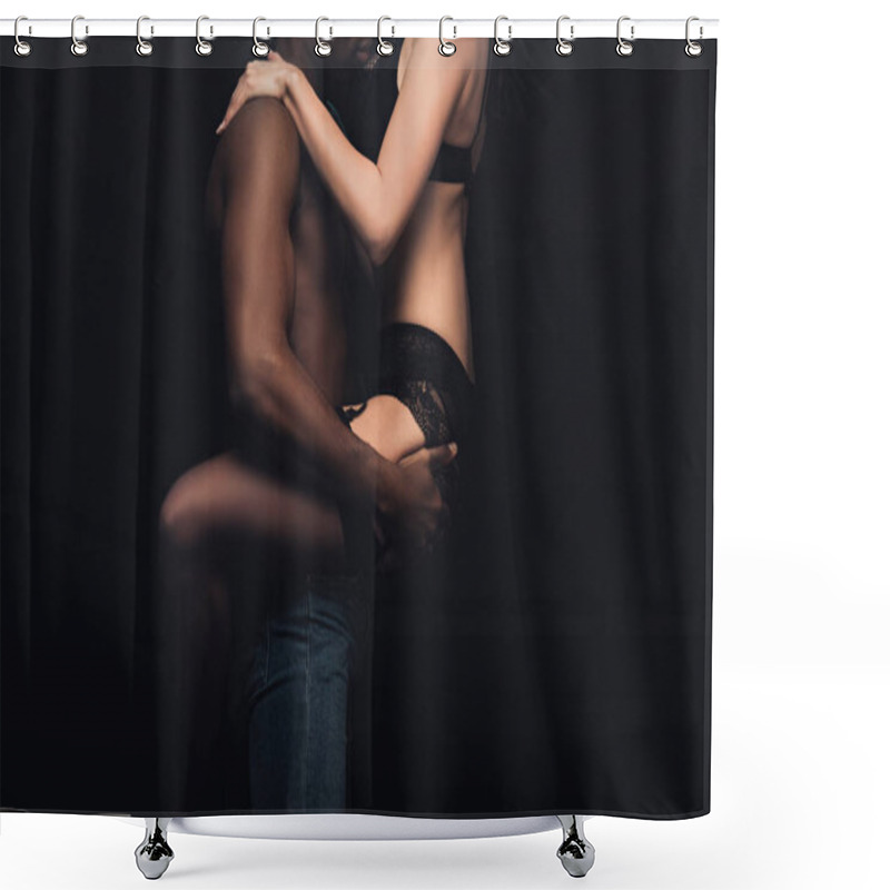 Personality  Cropped View Of African American Man Holding In Arms Sexy Woman In Lingerie Isolated On Black Shower Curtains