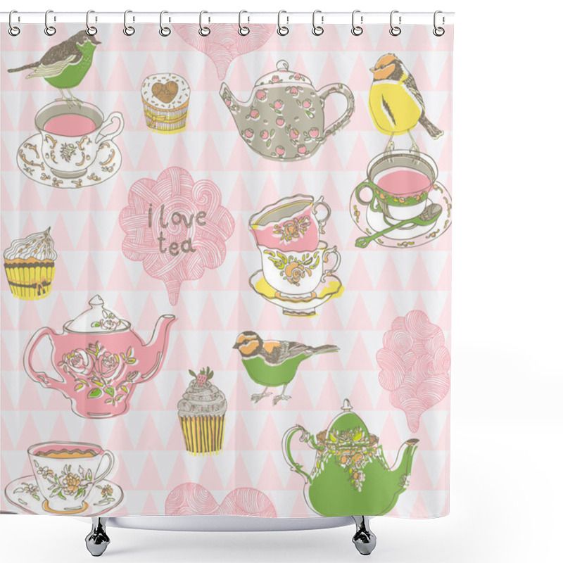 Personality  Cups, Birds And Kettles Pattern Shower Curtains