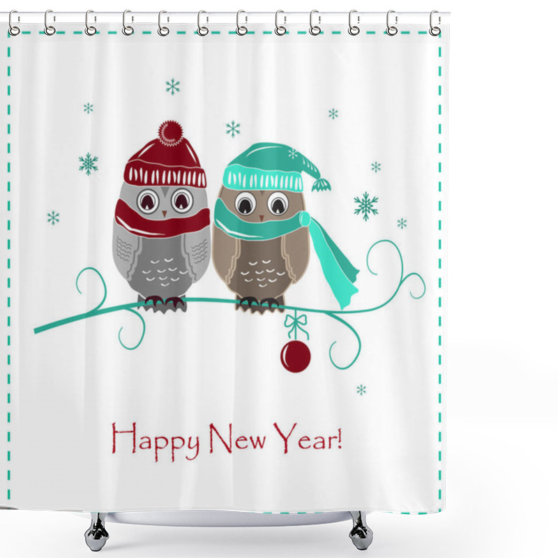 Personality  Cute Winter Card. Two Baby Owls In Hats And Scarves Shower Curtains