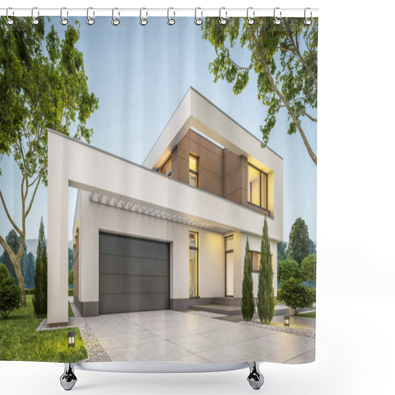 Personality  3d Rendering Of Modern House At Evening Shower Curtains