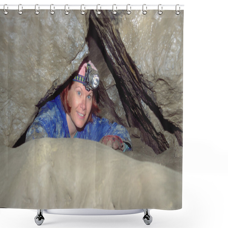 Personality  Woman Exploring Underground Cave Shower Curtains