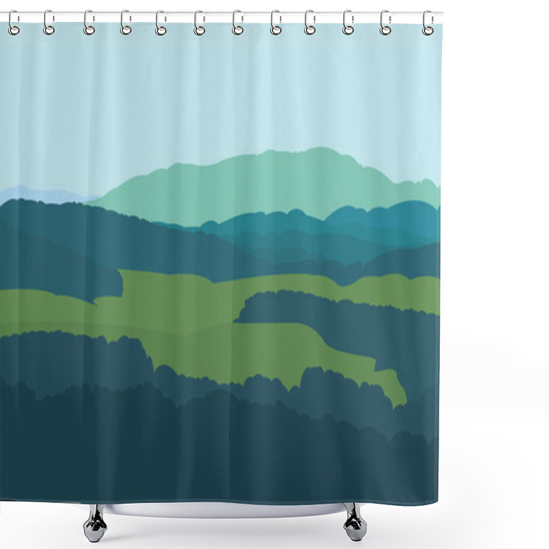 Personality  Vector Graphics Illustration Of A Summer Landscape. An Image Of The Silhouettes Of A Forest, Trees, Mountains And Fields. Shower Curtains