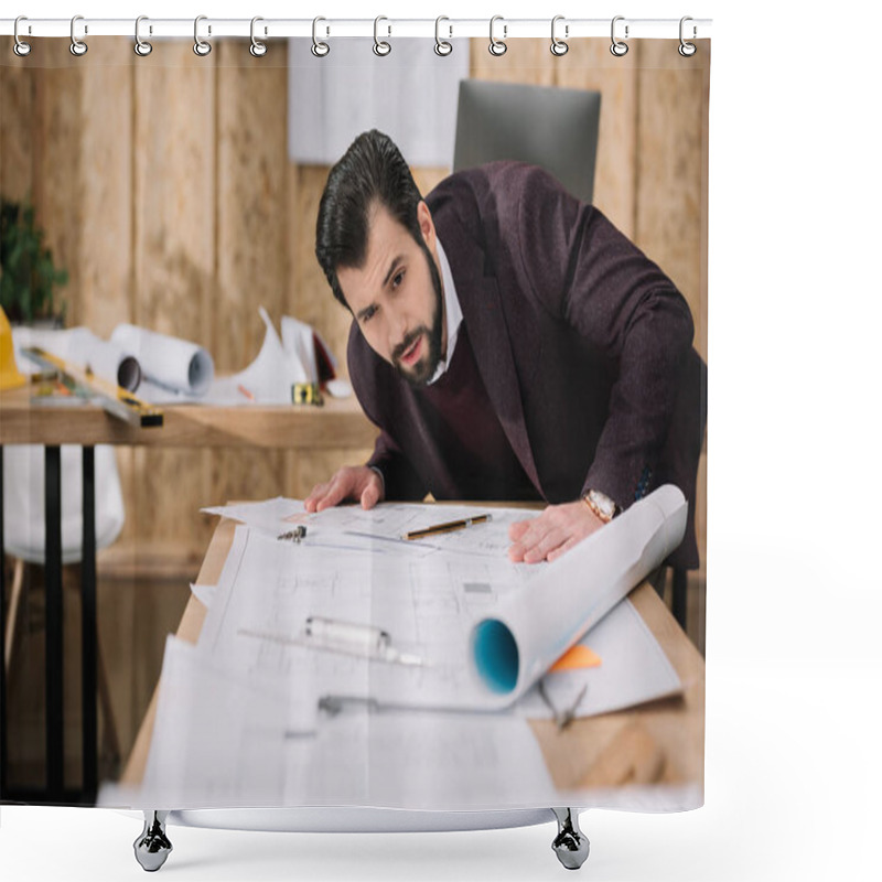 Personality  Surprised Young Architect Discovering Building Plans Shower Curtains