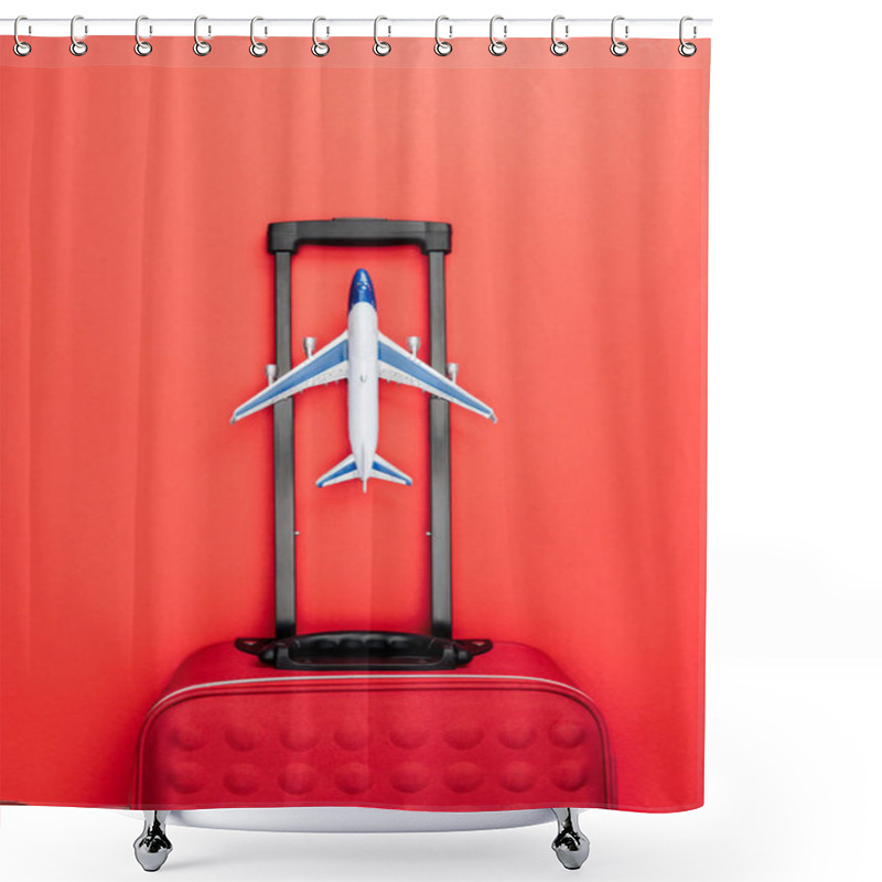 Personality  Top View Of Travel Bag With Handle And Toy Plane On Red Background  Shower Curtains