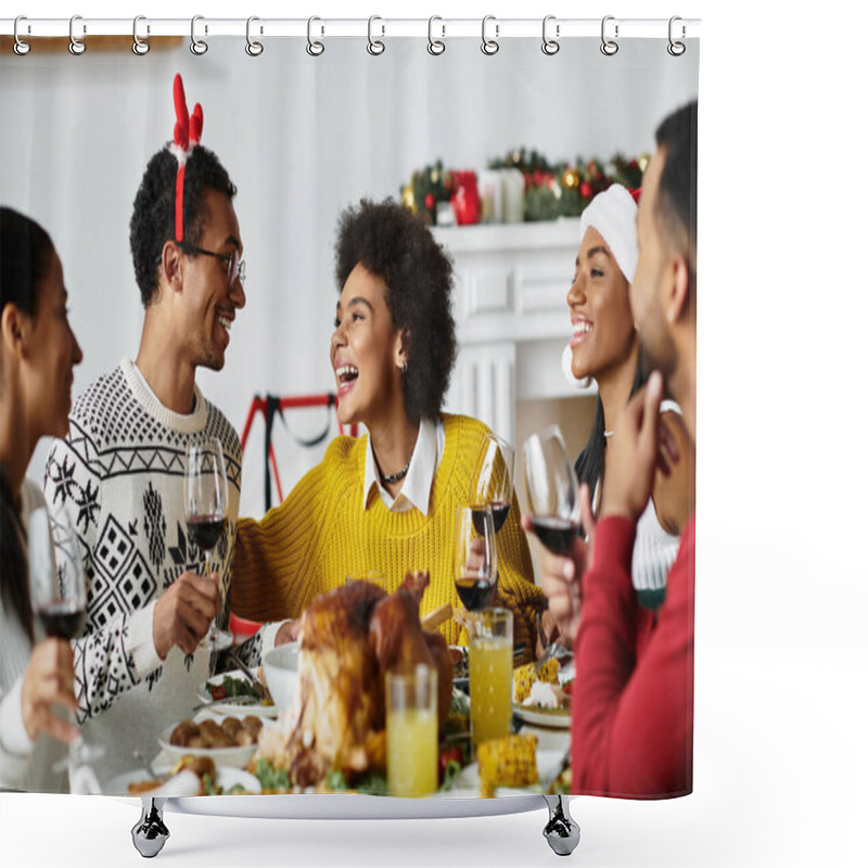 Personality  A Group Of Friends Share Laughter And Drinks While Celebrating Christmas At Home. Shower Curtains