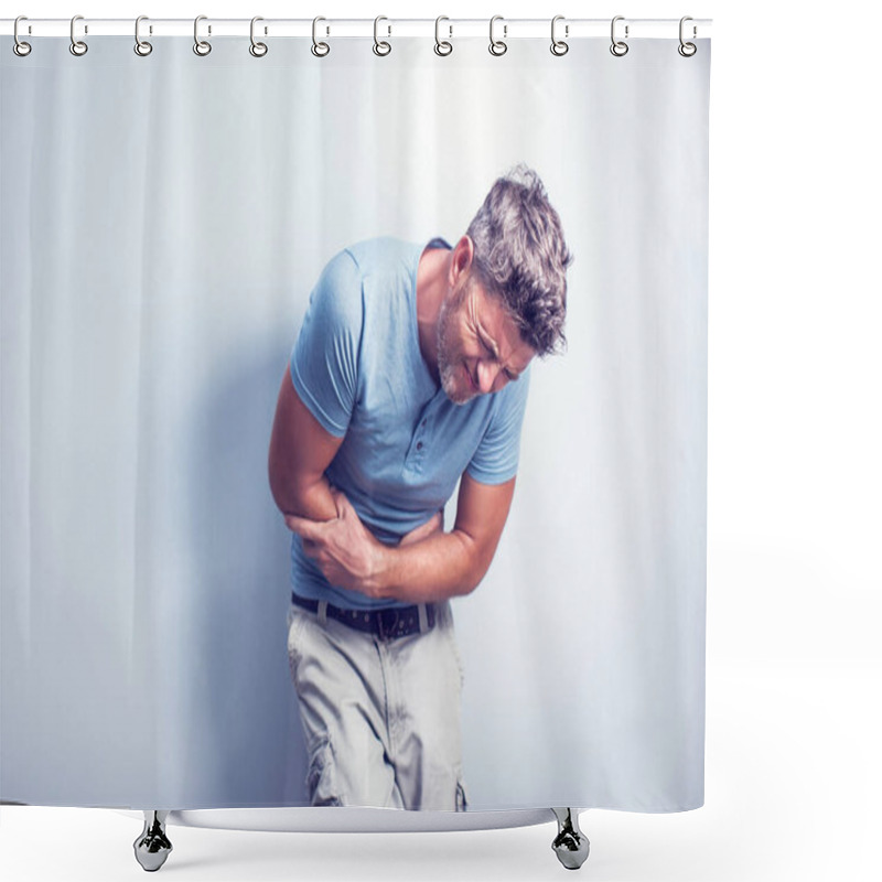 Personality  People, Healthcare And Health Problem Concept - Unhappy Man Suffering From Stomach Ache Over Gray Background Shower Curtains