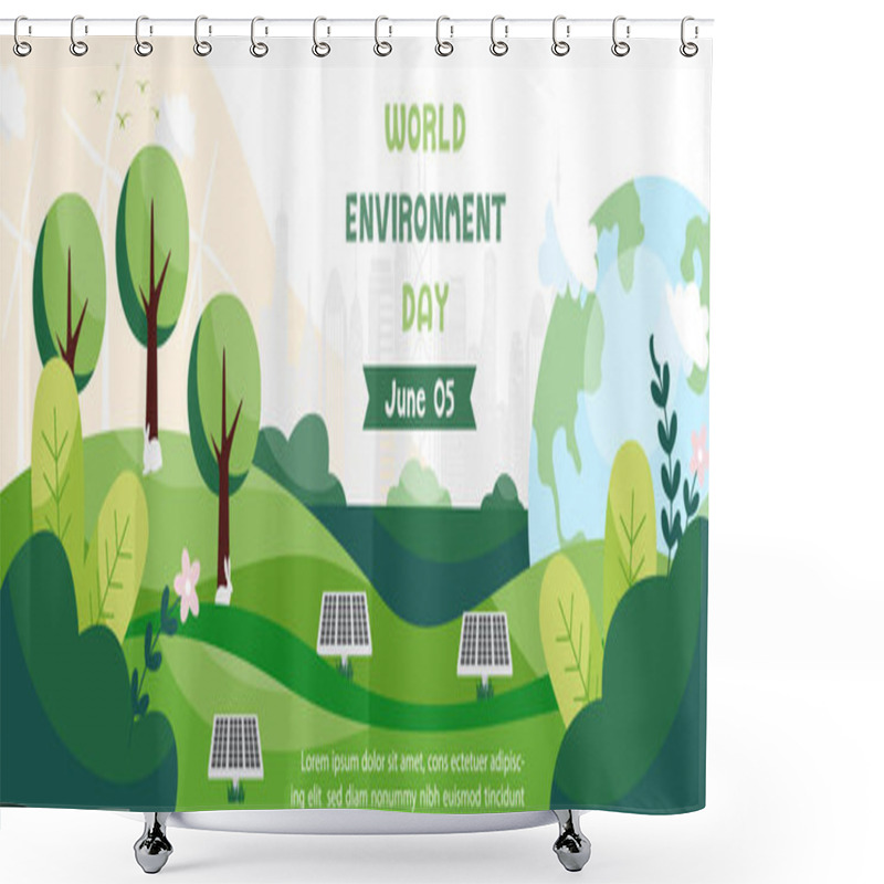 Personality  Illustration Poster Campaign Of World Environment With Nature Landscape With Ecosystem And Green City In Flat Style And Vector Design. Shower Curtains