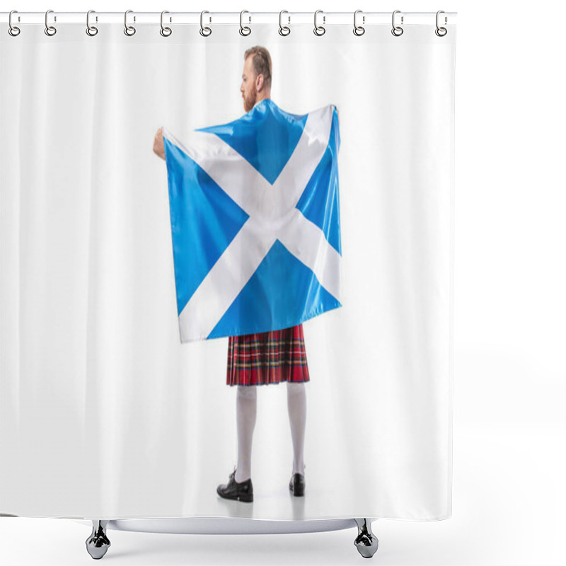 Personality  Back View Of Scottish Redhead Man In Red Kilt With Flag Of Scotland On White Background Shower Curtains