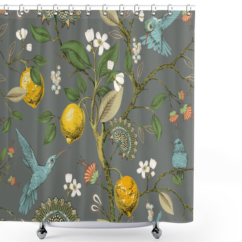 Personality  Floral Vector Seamless Pattern. Botanical Wallpaper. Plants, Birds Flowers Backdrop. Drawn Nature Vintage Wallpaper. Lemons, Flowers, Hummingbirds, Blooming Garden. Design For Fabric, Textile Shower Curtains