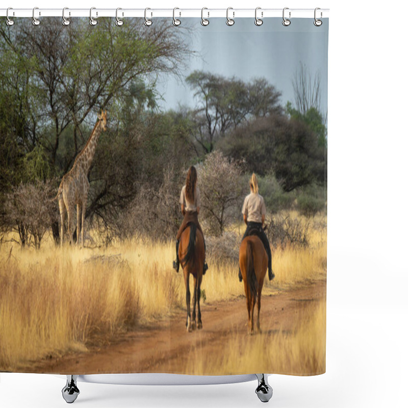 Personality  Southern Giraffe Watches Two Women On Horseback Shower Curtains