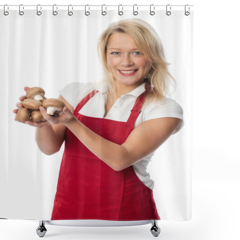 Personality  Housewife In Apron Holding A Handful Of Mushrooms Shower Curtains