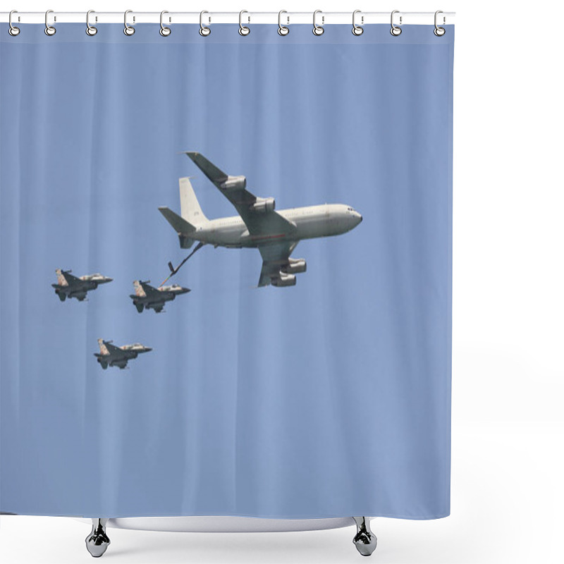 Personality  TEL AVIV, ISRAEL - April 15, 2021: The Boeing 707 Refueling Tanker With Three F-16 Warplanes Demonstrate An In-flight Refuel At The Tel Aviv Air Show Dedicated To Israel's 2021 Independence Day  Shower Curtains