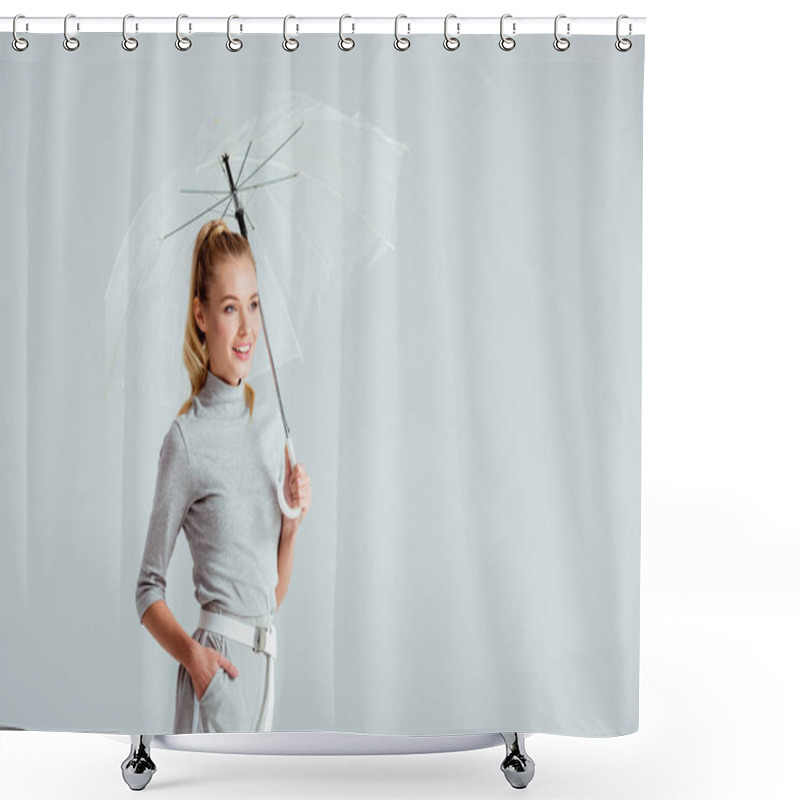 Personality  Beautiful Woman In Grey Clothes And Hand In Pocket Posing With Transparent Umbrella Isolated On Grey Shower Curtains