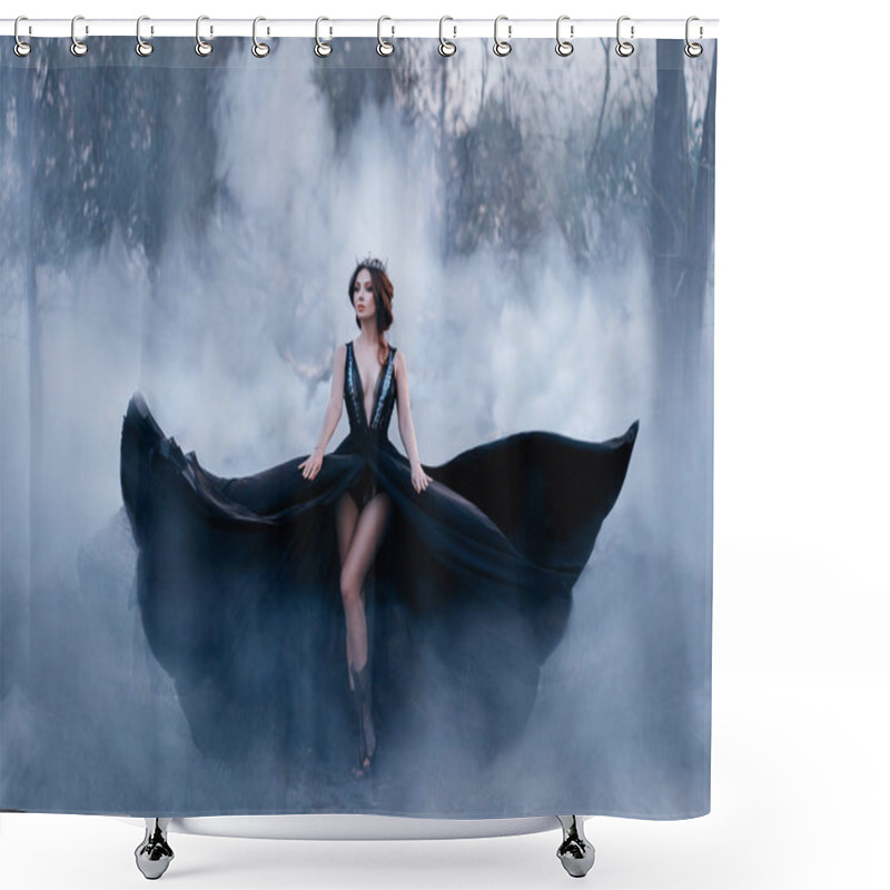 Personality  The Dark Queen, With Bare Long Legs, Walks Fog. A Luxurious Black Dress Flares In Different Directions, Like The Wings Of A Raven. Elegant Hairstyle With A Gothic Crown. Artistic Photo. Shower Curtains