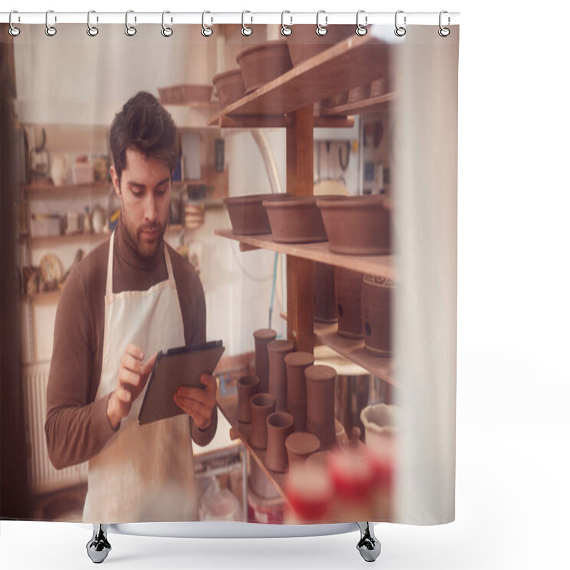 Personality  Male Potter In Ceramics Studio Checking Orders Using Digital Tablet Shower Curtains