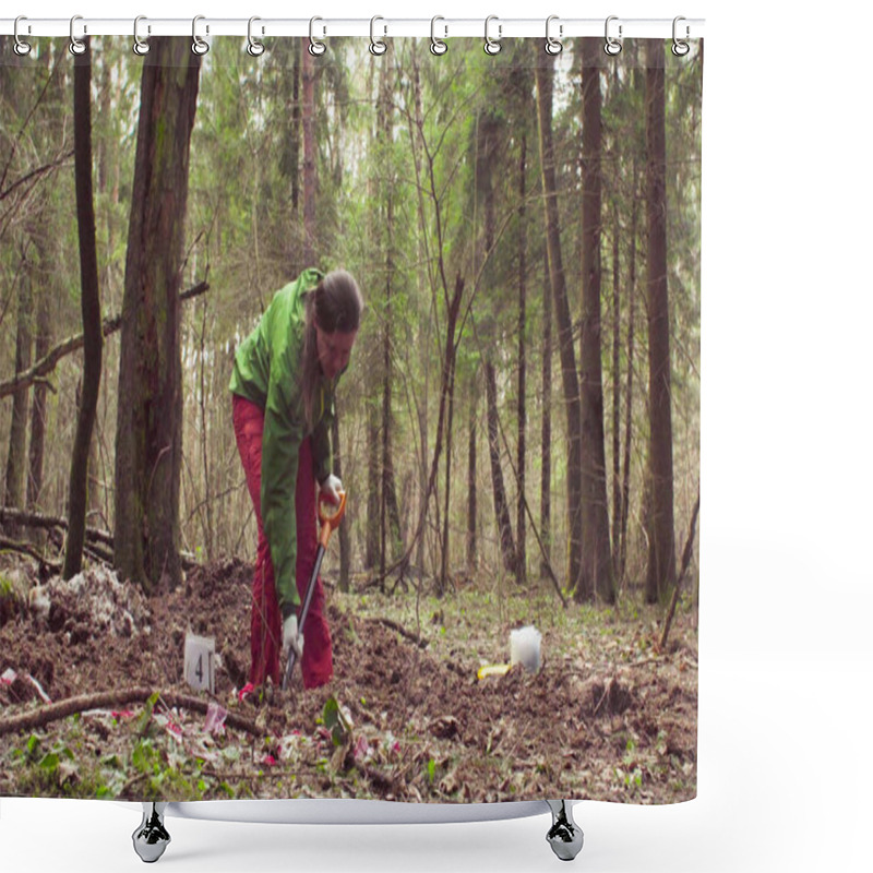 Personality  Woman Ecologist In The Forest Digging A Soil Slit Shower Curtains