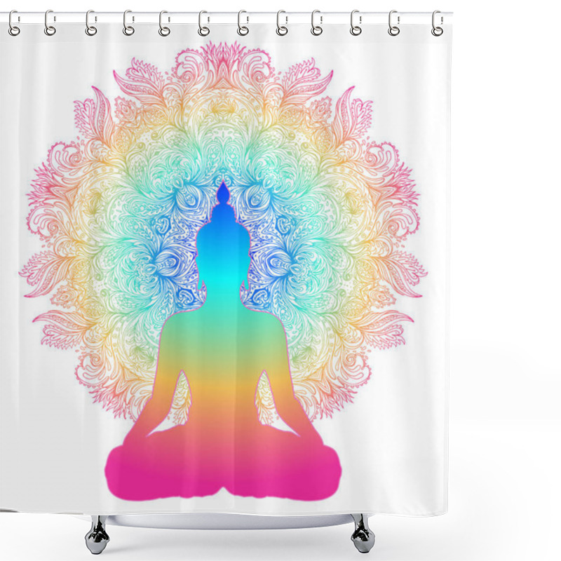 Personality  Chakra Concept. Inner Love, Light And Peace.  Buddha Silhouette In Lotus Position Over Colorful Ornate Mandala. Vector Illustration Isolated. Buddhism Esoteric Motifs. Tattoo, Spiritual Yoga. Shower Curtains