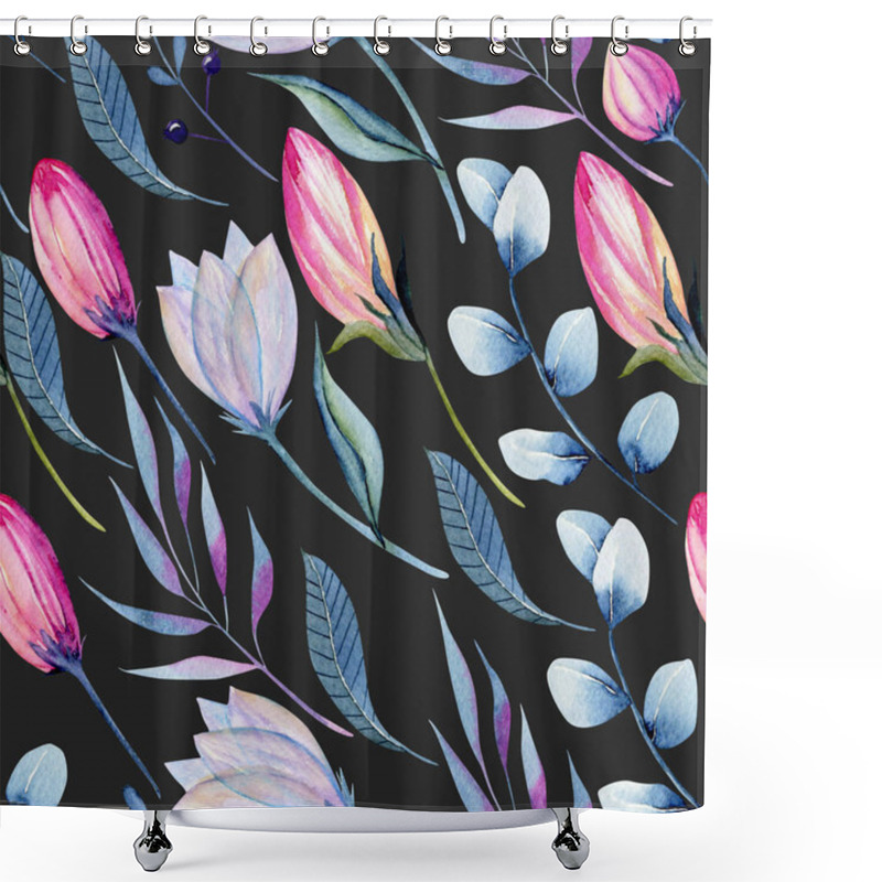 Personality  Watercolor Floral Buds And Branches In Pink And Blue Shades Seamless Pattern, Hand Painted On A Dark Background Shower Curtains