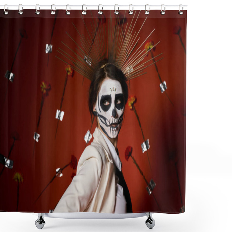 Personality  Elegant Woman In Dia De Los Muertos Makeup And Festive Attire Looking Away On Red Floral Backdrop Shower Curtains