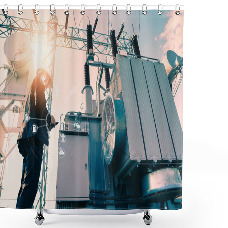 Personality  Businessman Wearing A Black Suit, Standing Looking At A Large Power Transformer With Orange Sunlight And White Sky To Be Background, Concept About Business People Who Want To Invest In Energy. Shower Curtains