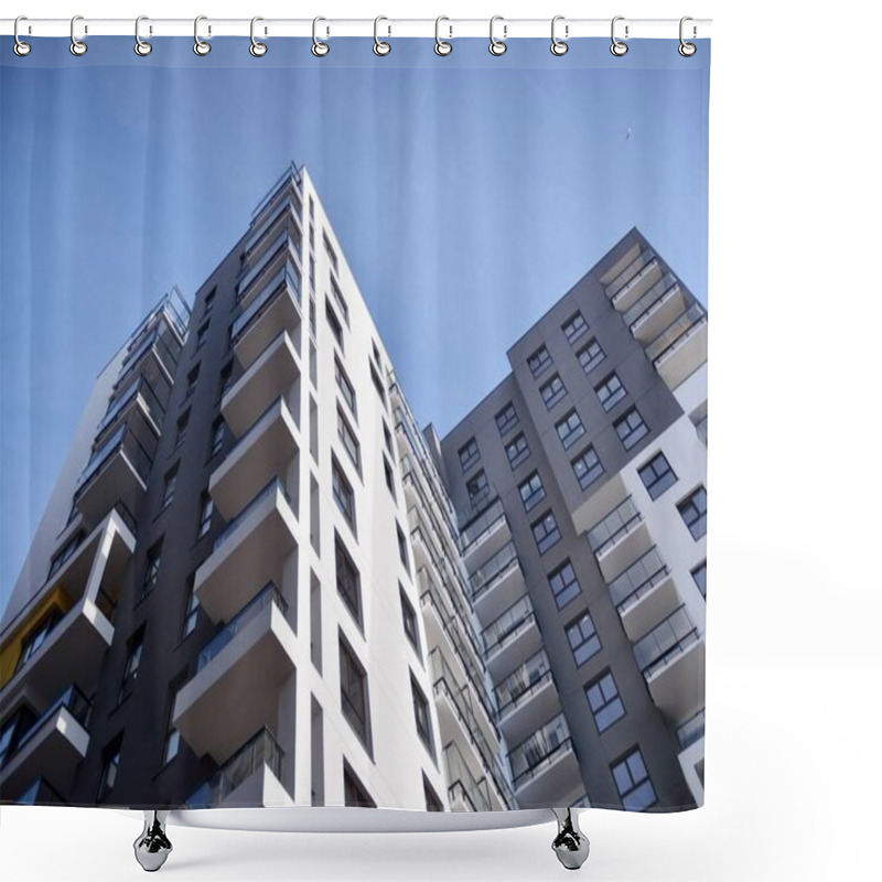 Personality  Detail Of Modern Residential Flat Apartment Building Exterior. Fragment Of New Luxury House And Home Complex. Shower Curtains