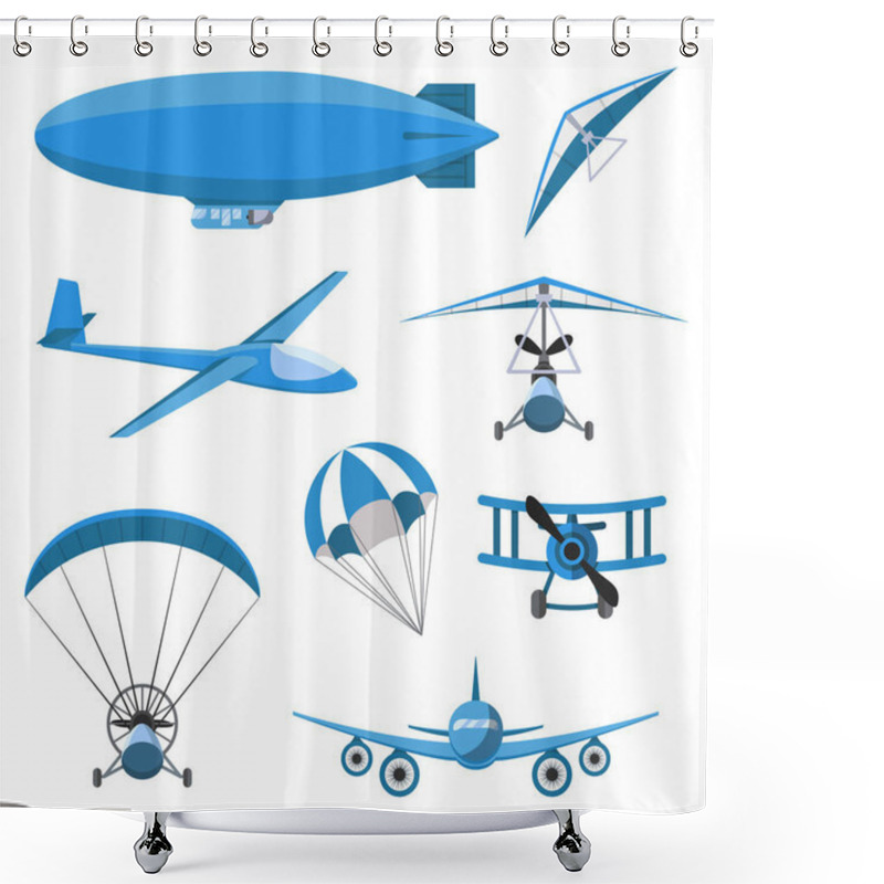 Personality  Aircrafts Icons Set On White Background. Parachute, Airship, Hang-glider, Airplane, Trike, Glider, Paraplane. Shower Curtains