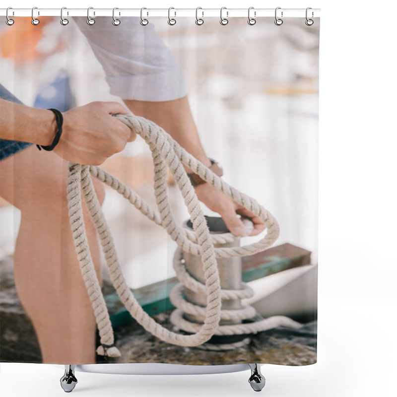 Personality  Cropped Shot Of Young Man Holding Rope At Seaside Shower Curtains