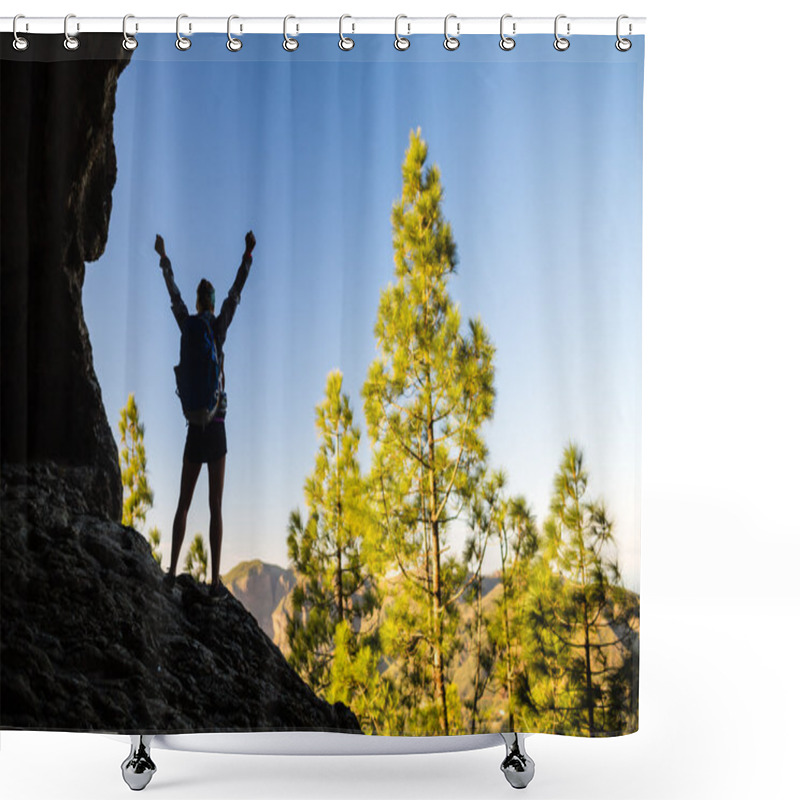 Personality  Woman Hiking Success Silhouette In Mountains Sunset Shower Curtains