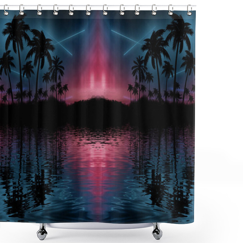 Personality  Night Landscape With Palm Trees, Against The Backdrop Of A Neon Sunset, Stars. Silhouette Coconut Palm Trees On Beach At Sunset. Space Futuristic Neon Landscape. Beach Party. 3D Illustration. Shower Curtains